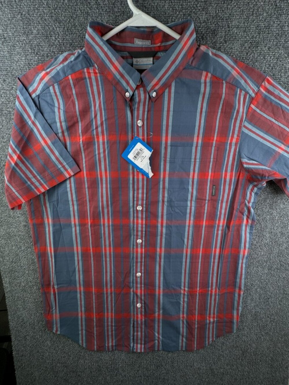 NWT Columbia Short Sleeve Button Up Shirt Plaid Red Blue Regular Fit Large Men